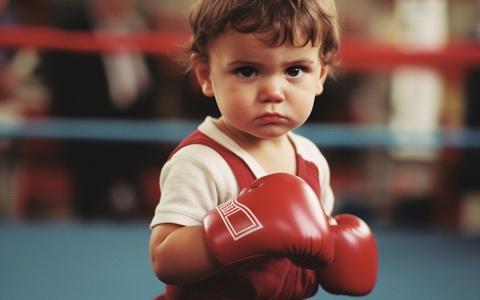 Toddler with boxing gloves looking at the camera