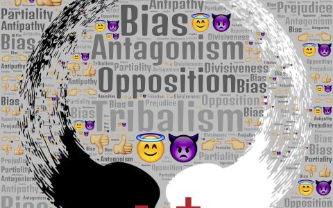 Two opposite pictorial views of positive and negative appear to be banging into each other while words like bias, antagonism and others are in the background 