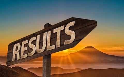 A sign with "RESULTS" printed on it pointing up to the right with a barren mountain sunset behind it 
