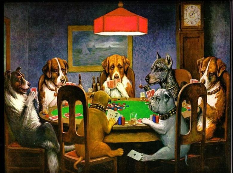 A bunch of dogs playing poker around a table