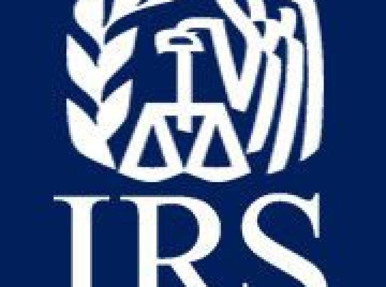 IRS symbol in white with a blue background
