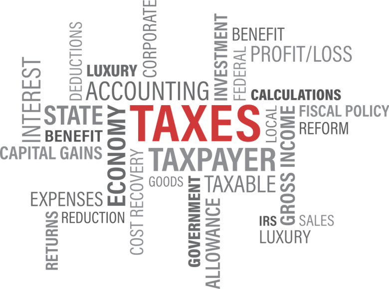  A grouping of words with the word TAXES in caps and red. All the words have something to do with taxes