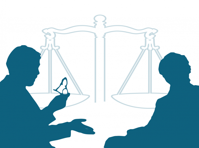 Two silhouettes in front of a legal balance having a discussion 