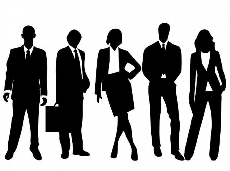 five male and female professional dress in silhouette 