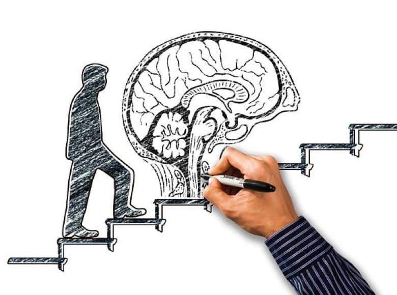 A drawing of a man walking up steps with a brain in front of him
