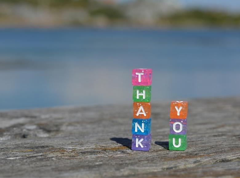 Colorful vertical blocks with the words THANK YOU set along a river bank