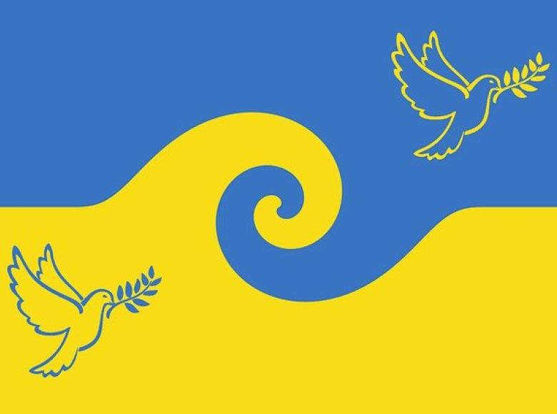 Peaceful doves in yellow and blue appear to riding above and within a wave