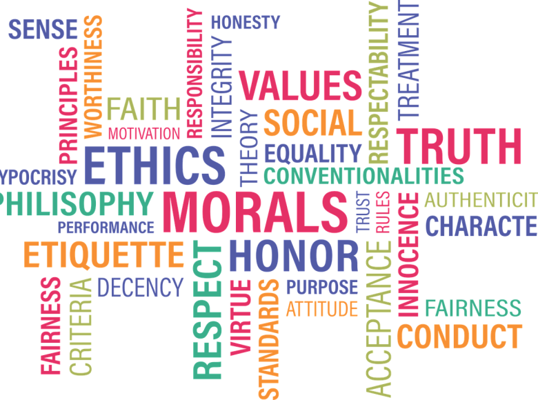 An image of key value words with morals in the center